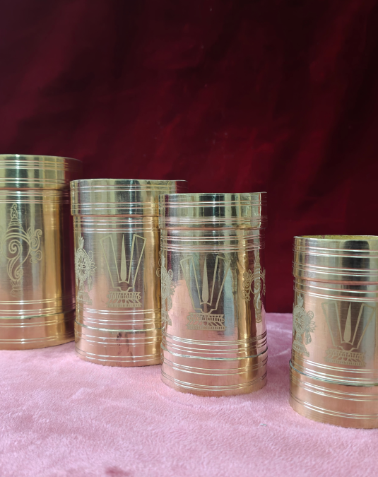 Traditional Engraved Brass Pooja Containers – Set of 4