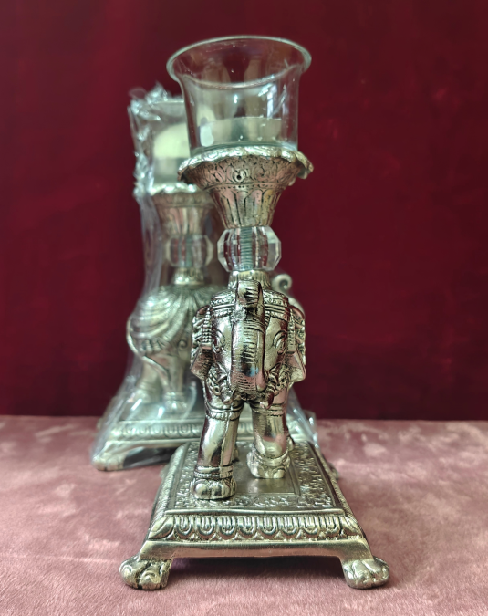 Antique Elephant Candle Holder Set with Glass Hurricane Shade | Metal Decorative Candle Stand (Set of 2)