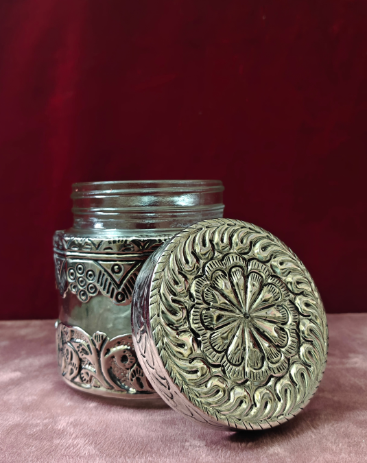 Handcrafted Decorative Glass Storage Jar with Embossed Silver Metal Lid | Multipurpose Glass Container