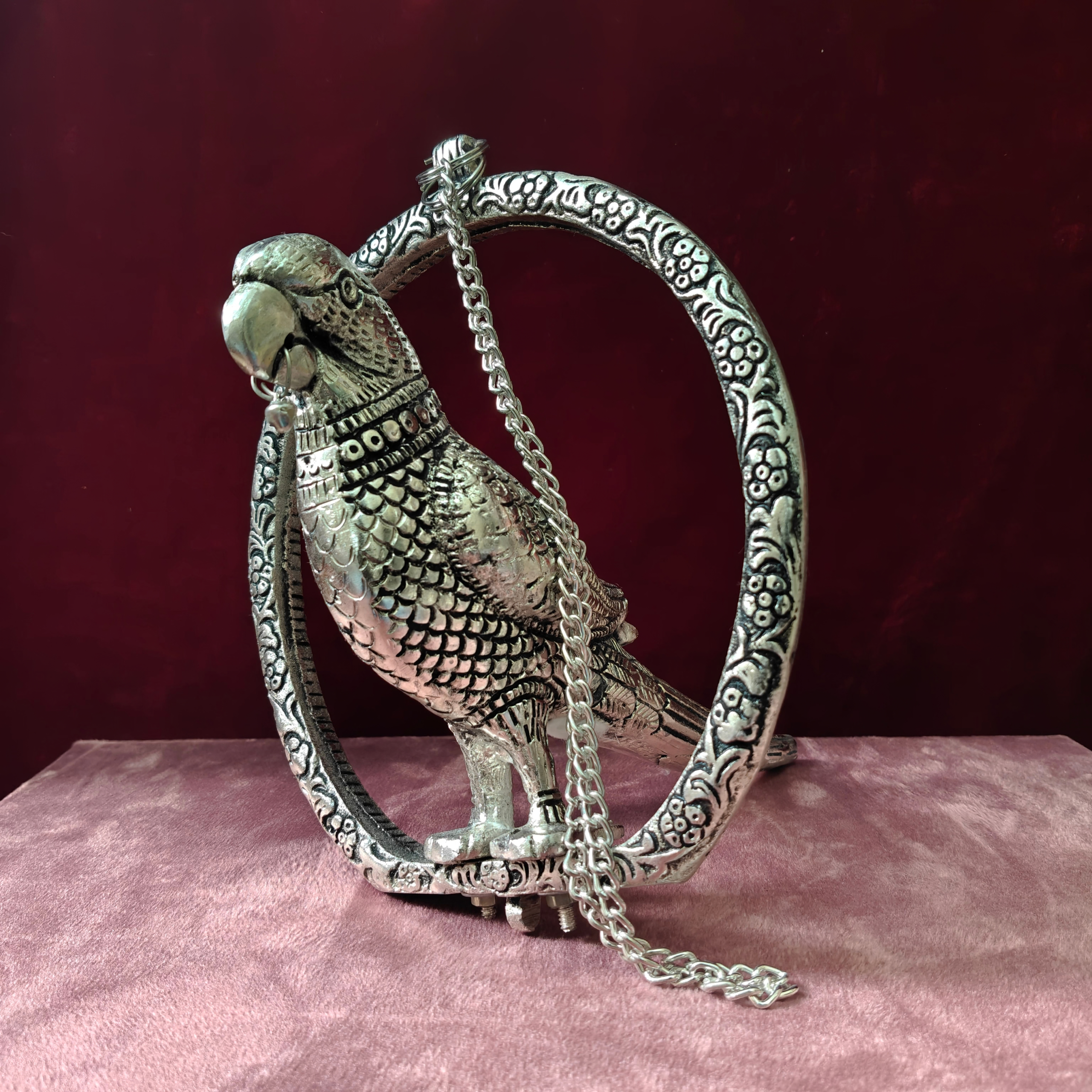 Antique German Silver Parrot Showpiece with Decorative Ring Stand | Handcrafted Home Decor Statue