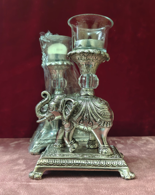 Antique Elephant Candle Holder Set with Glass Hurricane Shade | Metal Decorative Candle Stand (Set of 2)