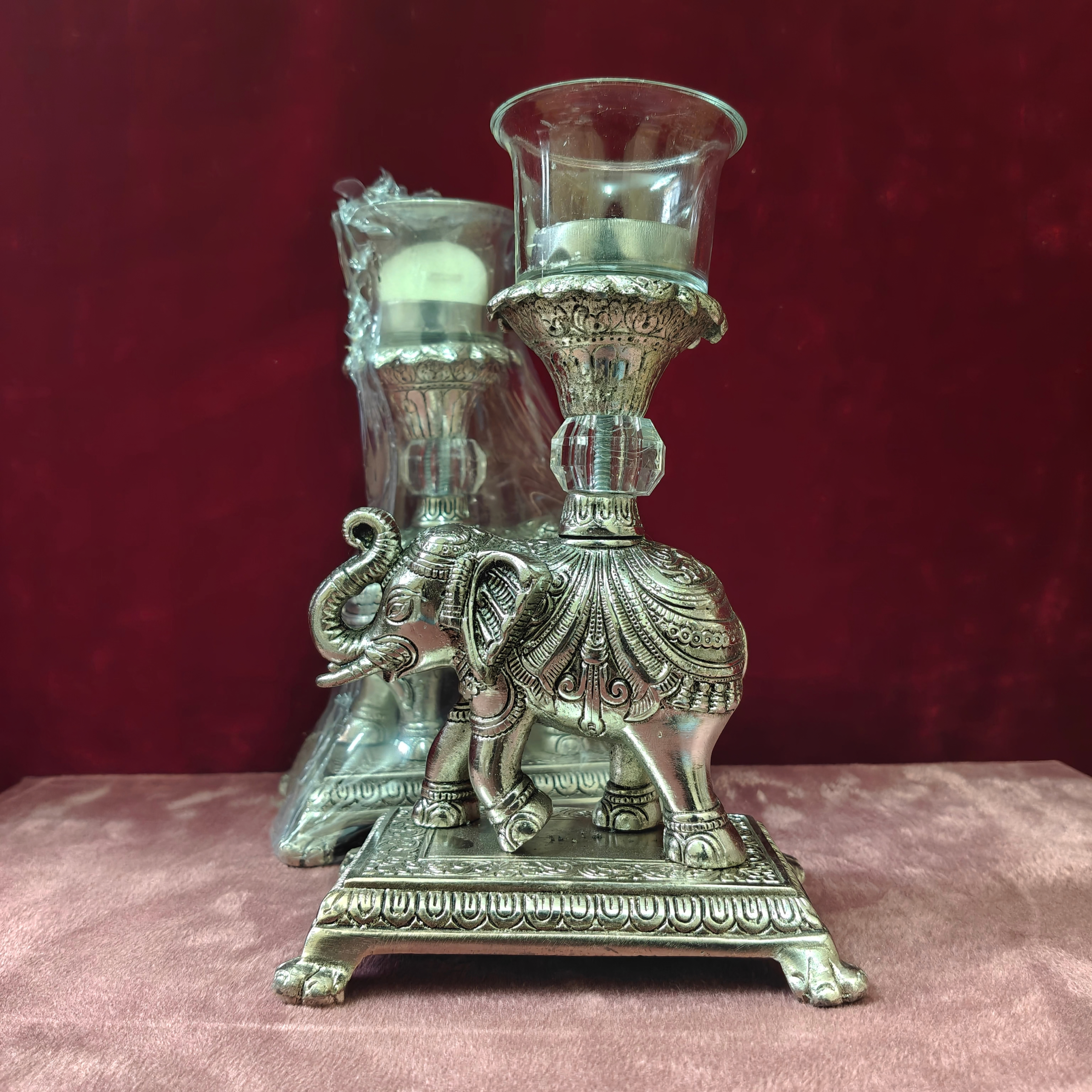 Antique Elephant Candle Holder Set with Glass Hurricane Shade | Metal Decorative Candle Stand (Set of 2)