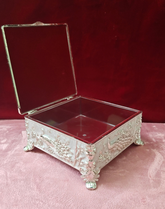 Luxury Peacock Decorative Metal Storage Box with Lid | Silver Jewelry & Dry Fruit Box | Premium Home Décor