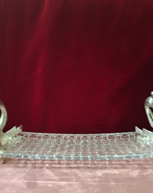 Luxury Glass Serving Tray with Antique Swan Handles | Decorative Serving Platter for Home Decor