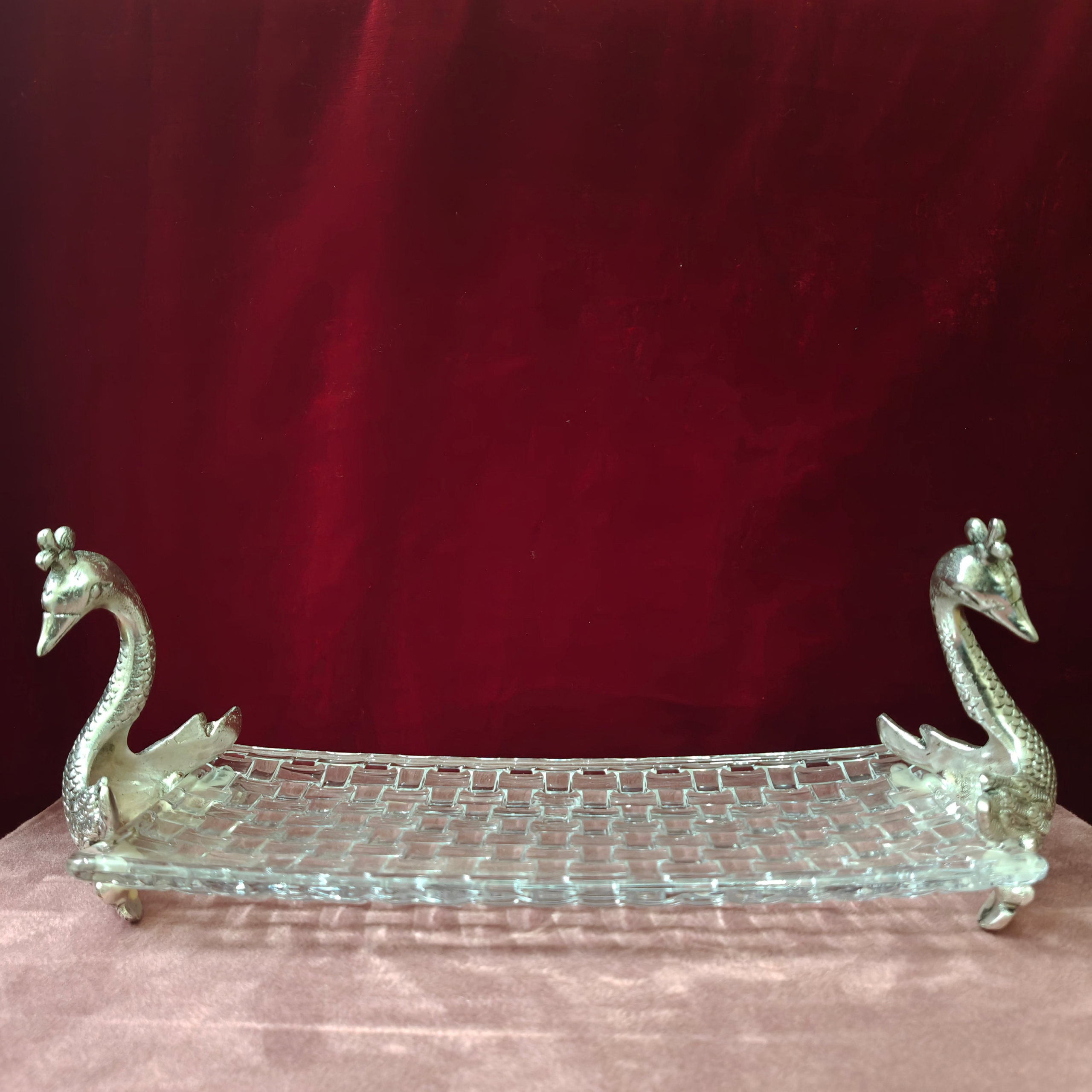 Luxury Glass Serving Tray with Antique Swan Handles | Decorative Serving Platter for Home Decor