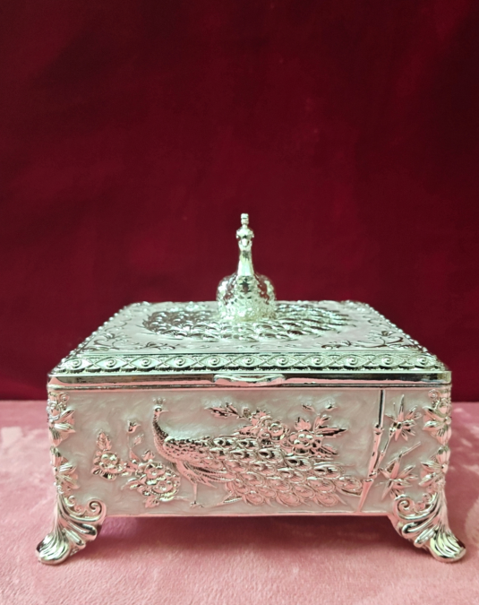 Luxury Peacock Decorative Metal Storage Box with Lid | Silver Jewelry & Dry Fruit Box | Premium Home Décor