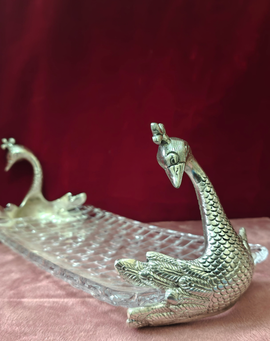 Luxury Glass Serving Tray with Antique Swan Handles | Decorative Serving Platter for Home Decor