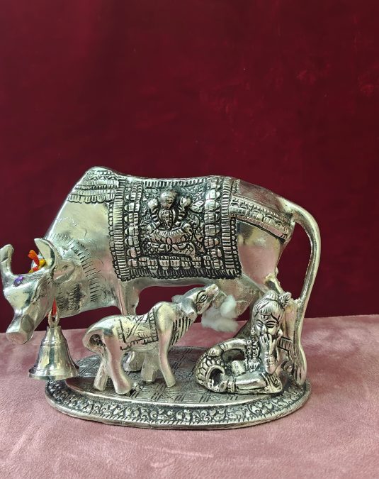 Premium Silver Kamadhenu Cow with Calf Statue | Sacred Cow Idol for Home Decor, Pooja & Vastu