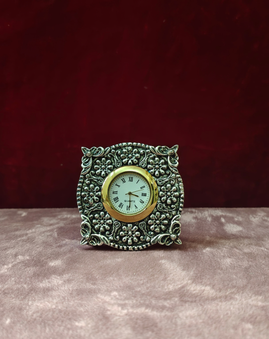 Antique Floral German Silver Table Clock | Vintage Decorative Desk Clock for Home & Office