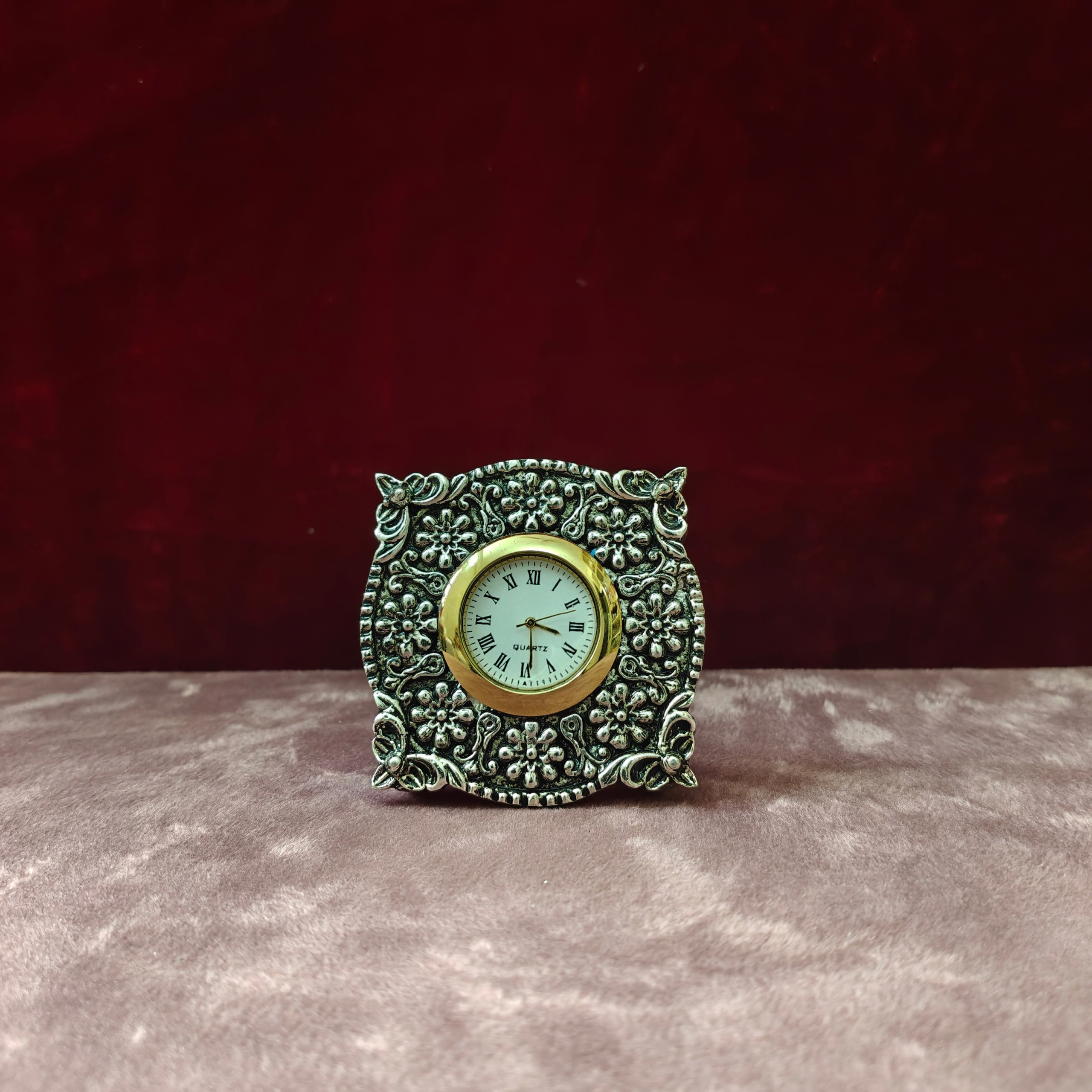 Antique Floral German Silver Table Clock | Vintage Decorative Desk Clock for Home & Office