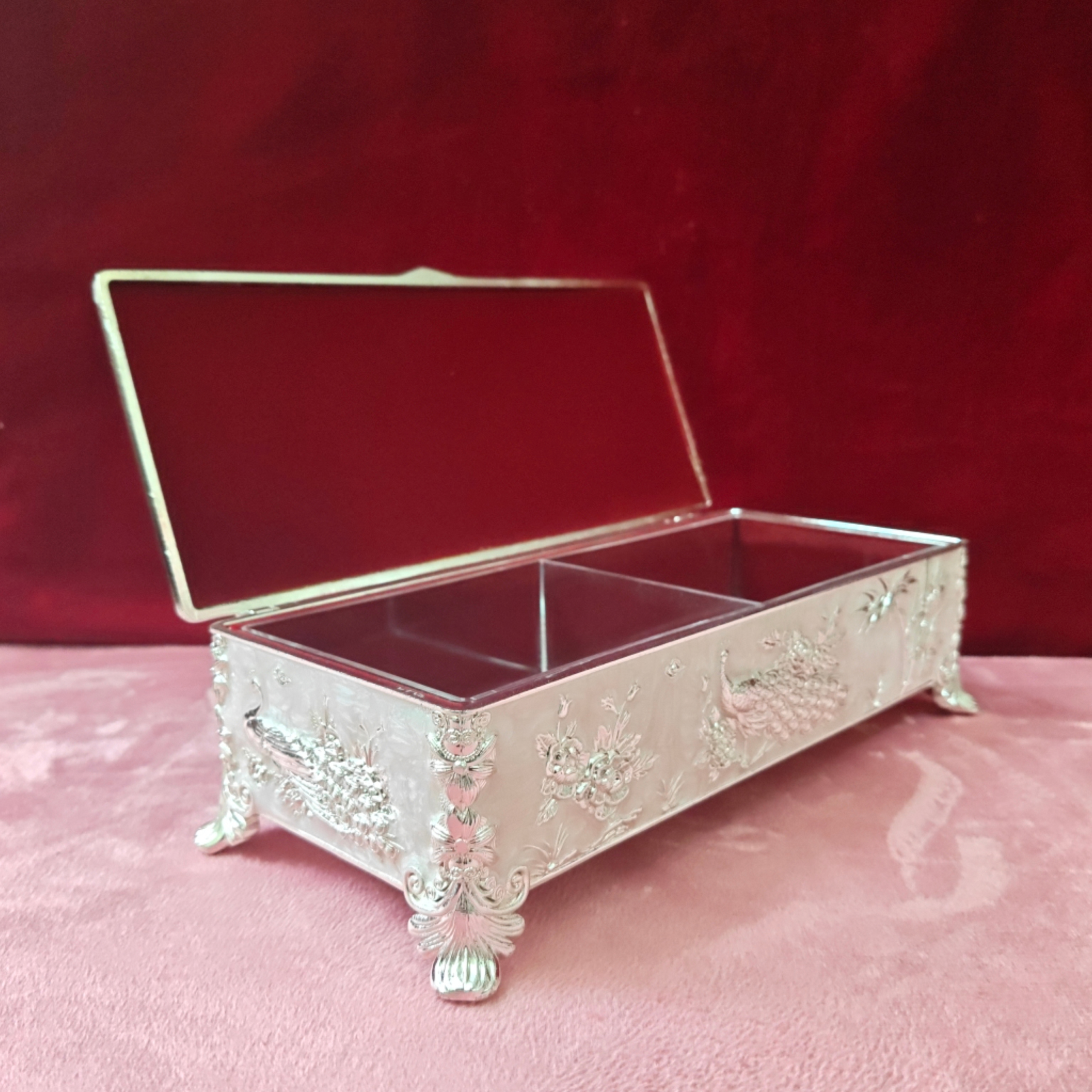 Luxury Peacock Decorative Metal Storage Box with Lid | Rectangular Jewelry & Dry Fruit Box | Premium Home Decor