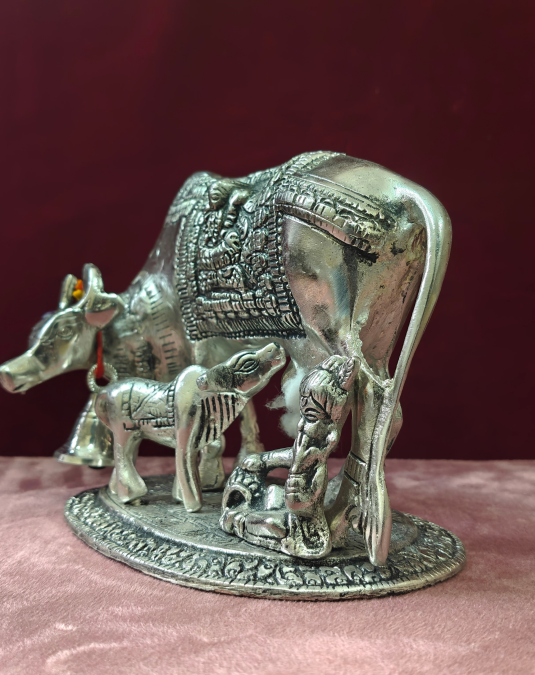 Premium Silver Kamadhenu Cow with Calf Statue | Sacred Cow Idol for Home Decor, Pooja & Vastu