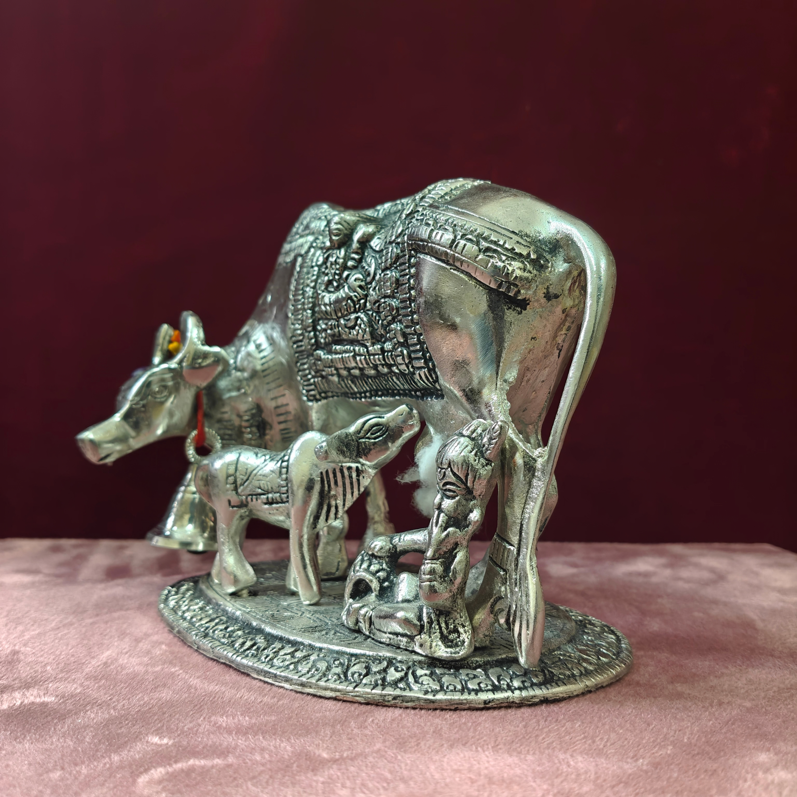 Premium Silver Kamadhenu Cow with Calf Statue | Sacred Cow Idol for Home Decor, Pooja & Vastu - Image 1