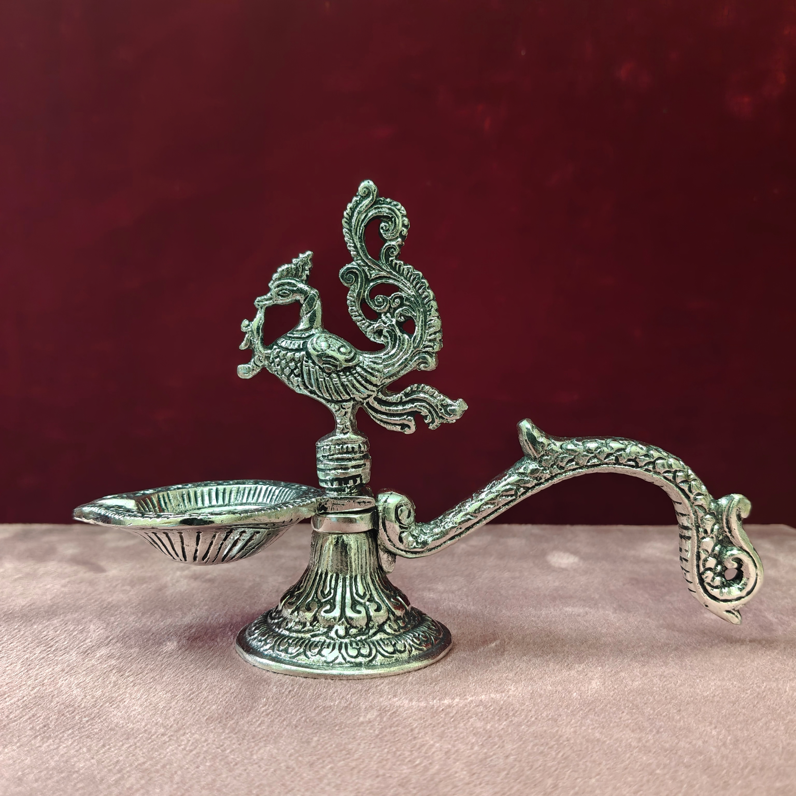 Premium Silver Peacock Diya Lamp | Traditional Oil Lamp for Pooja, Home Decor & Festivals