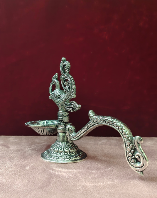Premium Silver Peacock Diya Lamp | Traditional Oil Lamp for Pooja, Home Decor & Festivals