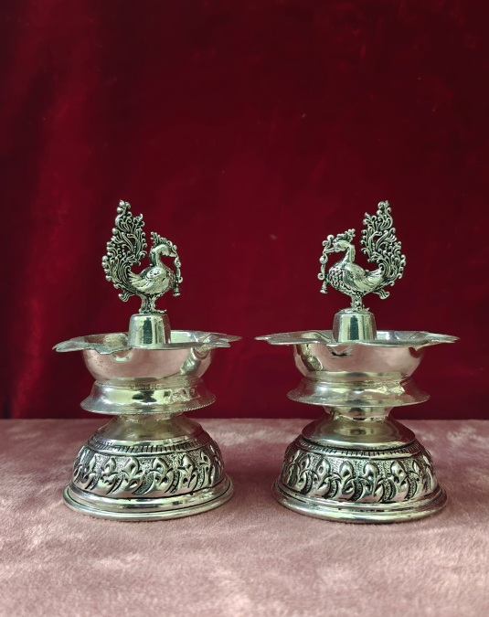 Premium Silver Peacock Diya Lamp Set (Pack of 2) | Traditional Oil Lamps for Pooja, Festivals & Home Decor