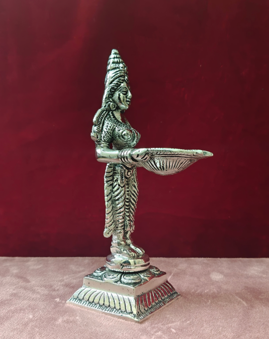 Premium Silver Laxmi Diya Holder Statue | Traditional Decorative Oil Lamp for Home & Pooja