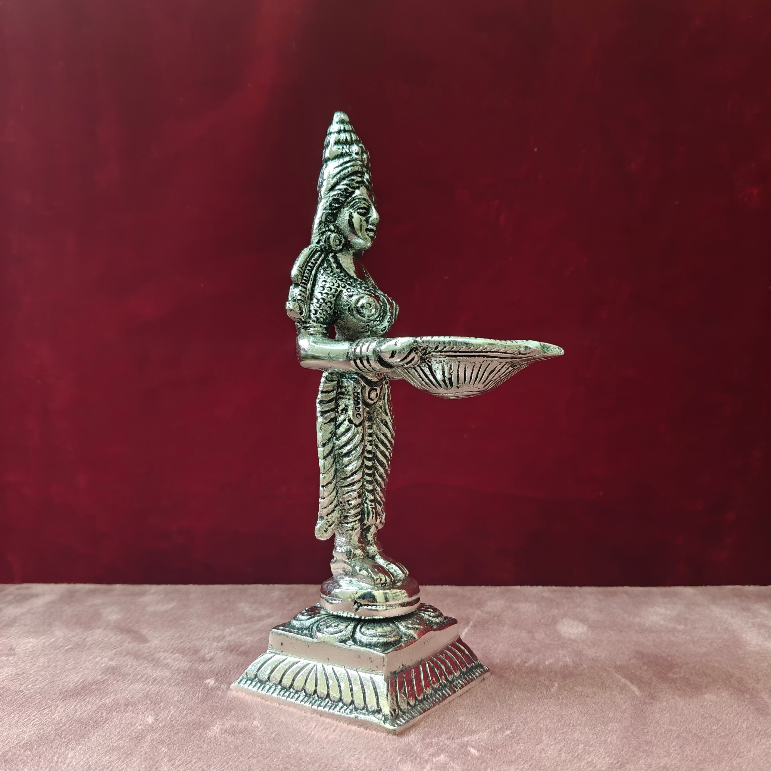 Premium Silver Laxmi Diya Holder Statue | Traditional Decorative Oil Lamp for Home & Pooja