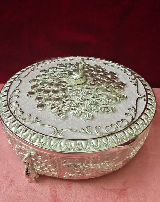Luxury Peacock Decorative Storage Box with Lid | Metal Dry Fruit & Jewelry Box | 10 inch