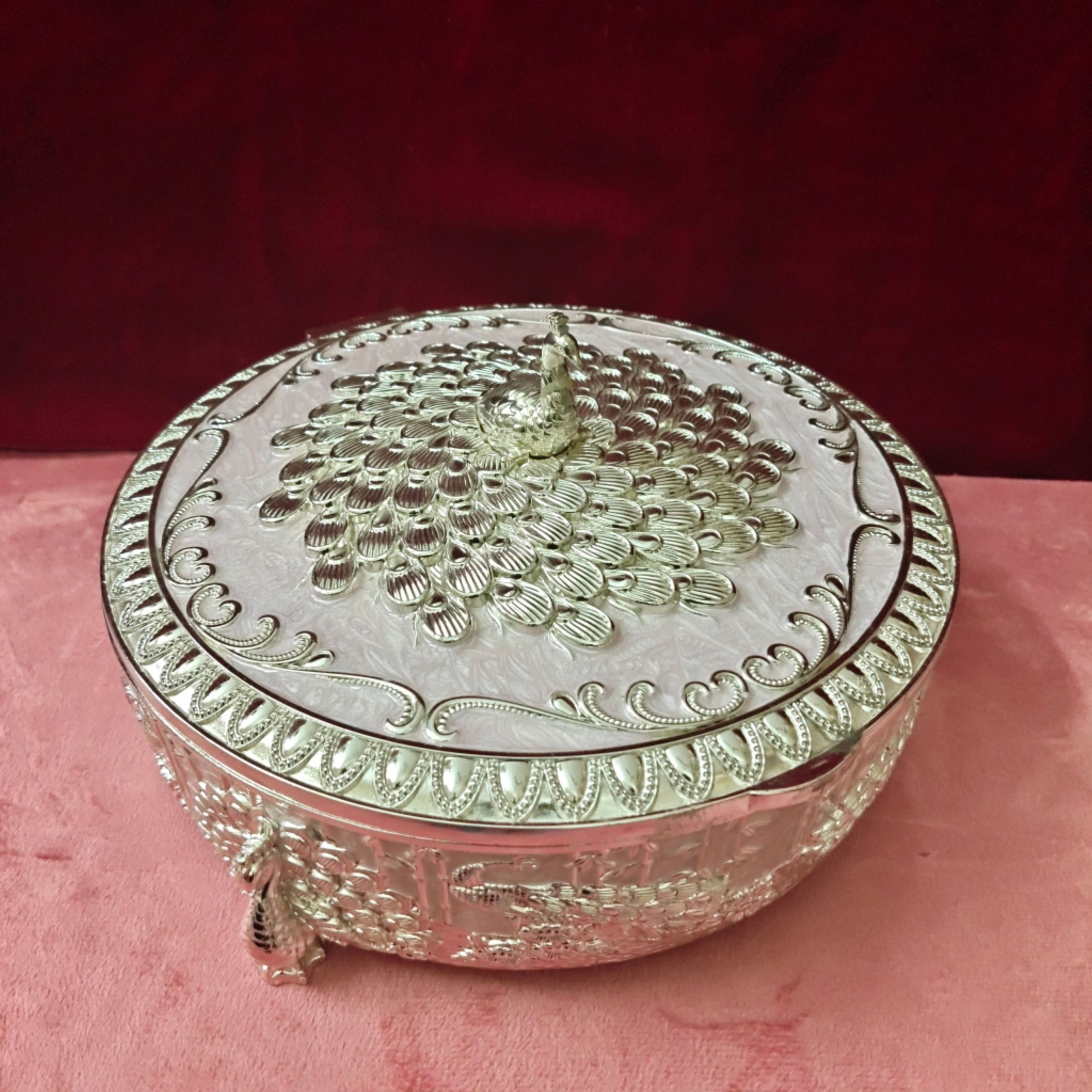 Luxury Peacock Decorative Storage Box with Lid | Metal Dry Fruit & Jewelry Box | 10 inch