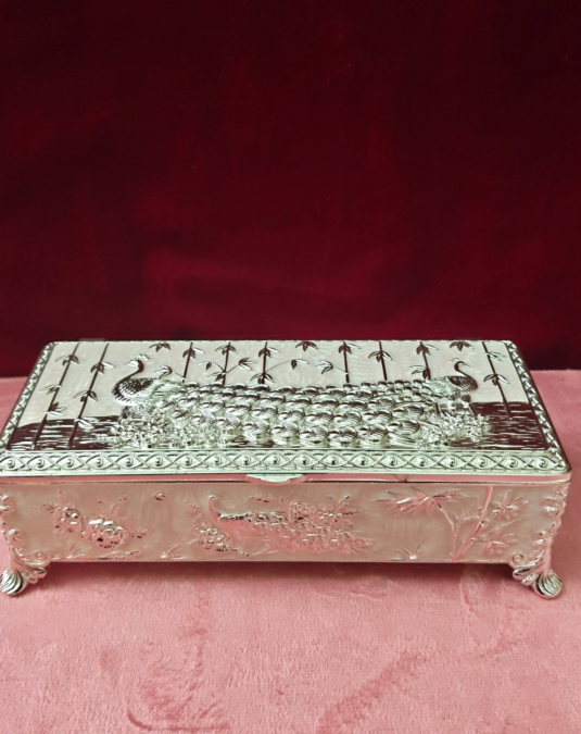 Luxury Peacock Decorative Metal Storage Box with Lid | Rectangular Jewelry & Dry Fruit Box | Premium Home Decor