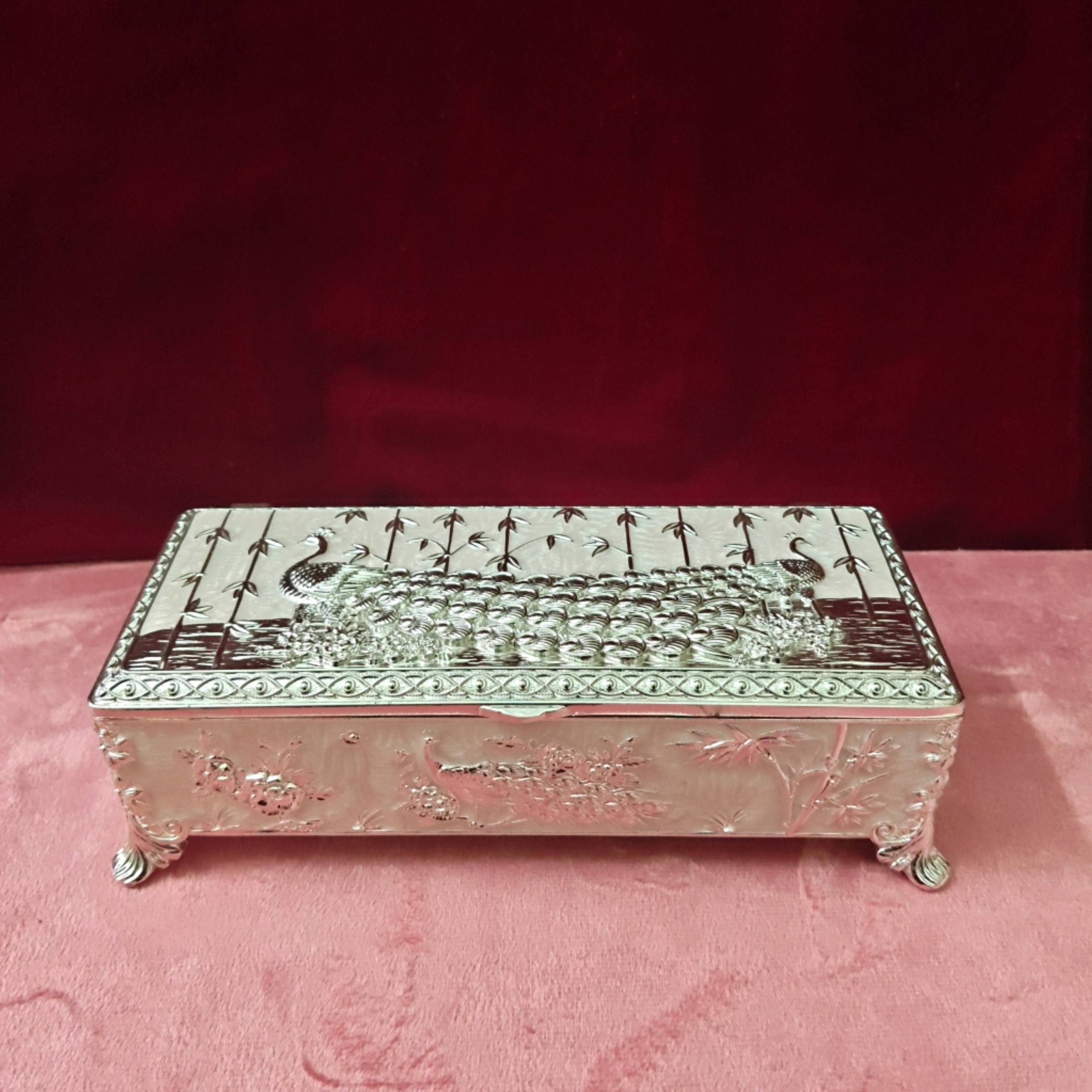 Luxury Peacock Decorative Metal Storage Box with Lid | Rectangular Jewelry & Dry Fruit Box | Premium Home Decor