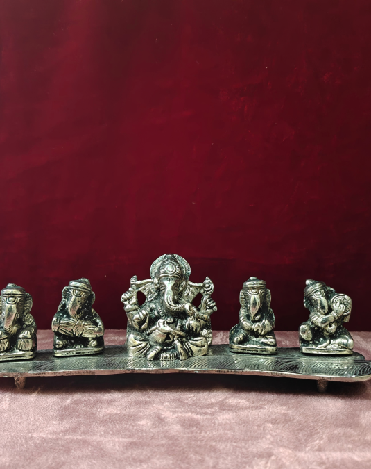 Five Ganesha Idol Set with Decorative Leaf Base | Antique Metal Lord Ganesha Showpiece for Home Decor