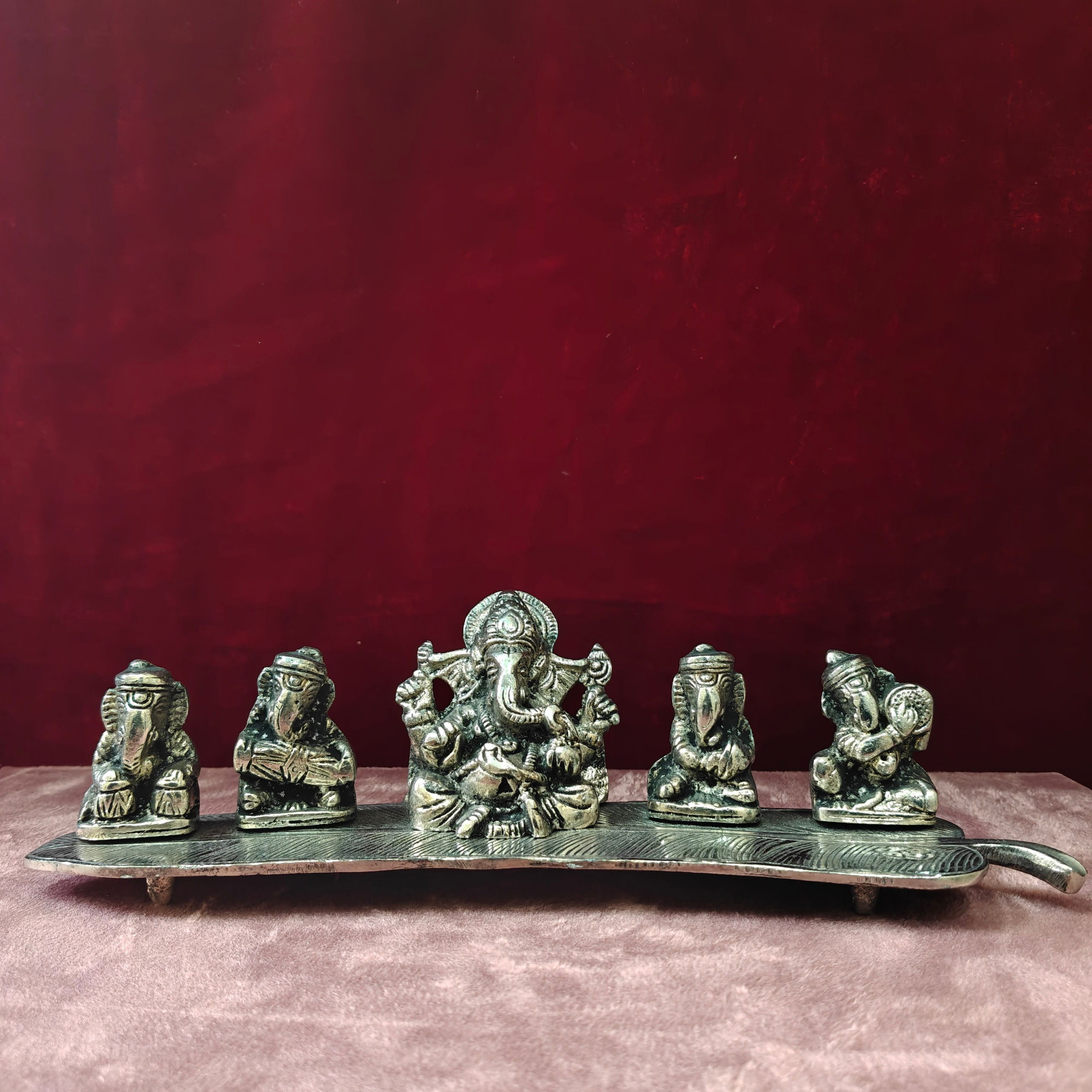 Five Ganesha Idol Set with Decorative Leaf Base | Antique Metal Lord Ganesha Showpiece for Home Decor