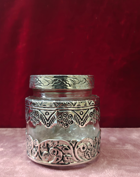 Handcrafted Decorative Glass Storage Jar with Embossed Silver Metal Lid | Multipurpose Glass Container
