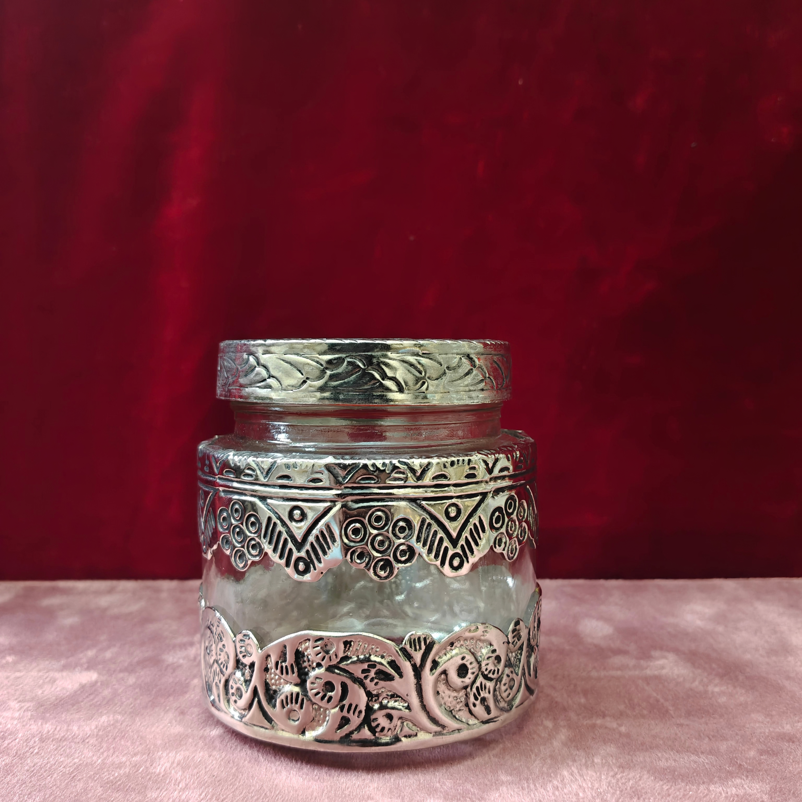 Handcrafted Decorative Glass Storage Jar with Embossed Silver Metal Lid | Multipurpose Glass Container