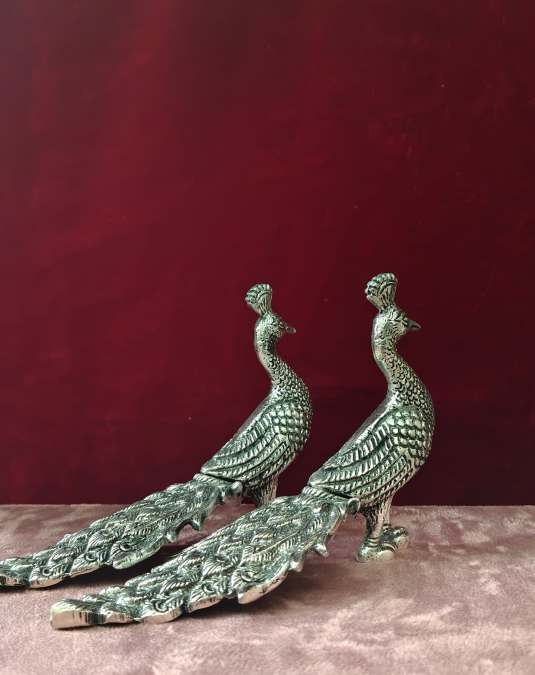 Antique German Silver Peacock Pair Showpiece for Home Decor | Handcrafted Peacock Figurines