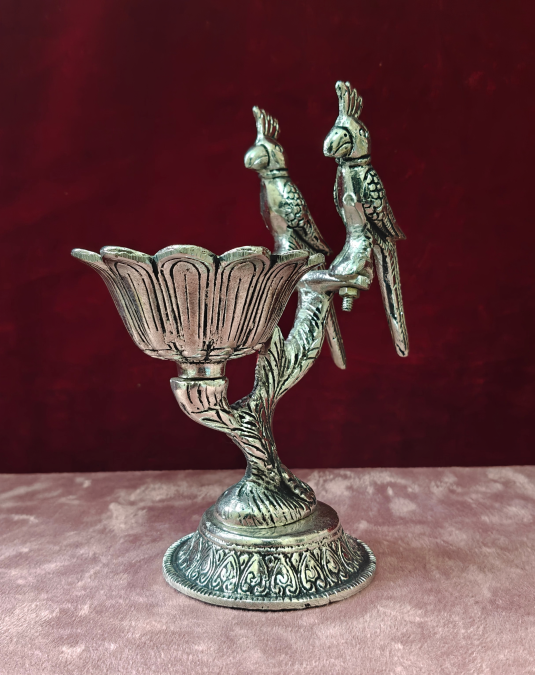 Handcrafted Twin Parrot Metal Diya Stand | Decorative Lotus Oil Lamp for Pooja & Home Décor